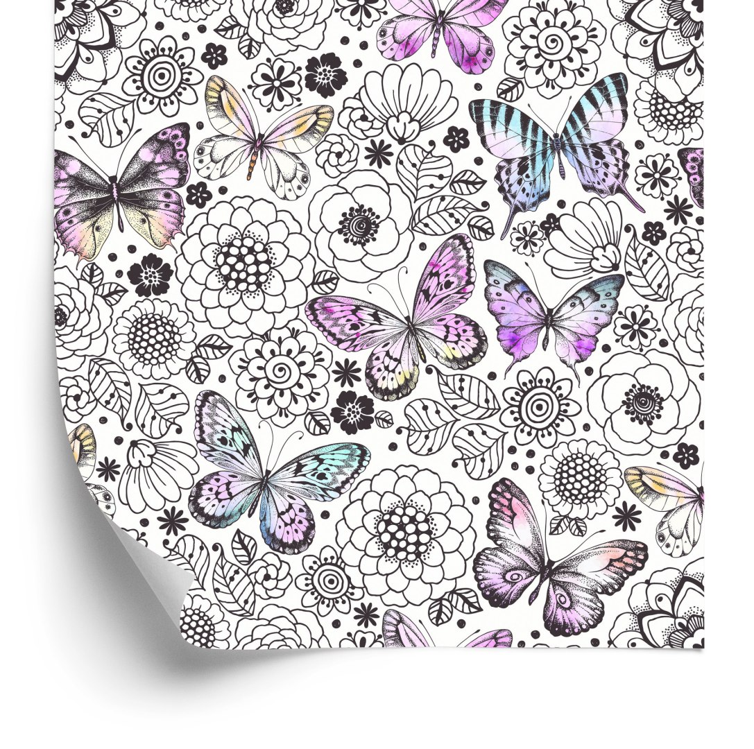 Tapeta Do Pokoju Dziecka, Motyle, Kwiaty, Liście