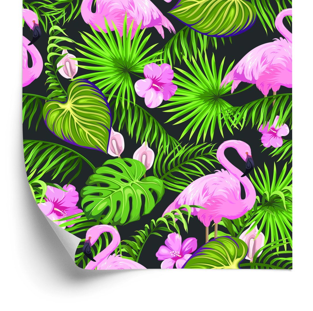 Tapeta Tropikalna - Flamingi, Liście I Kwiaty