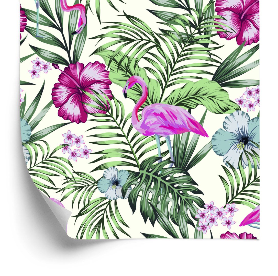 Tapeta Tropikalna - Flamingi, Liście I Kwiaty
