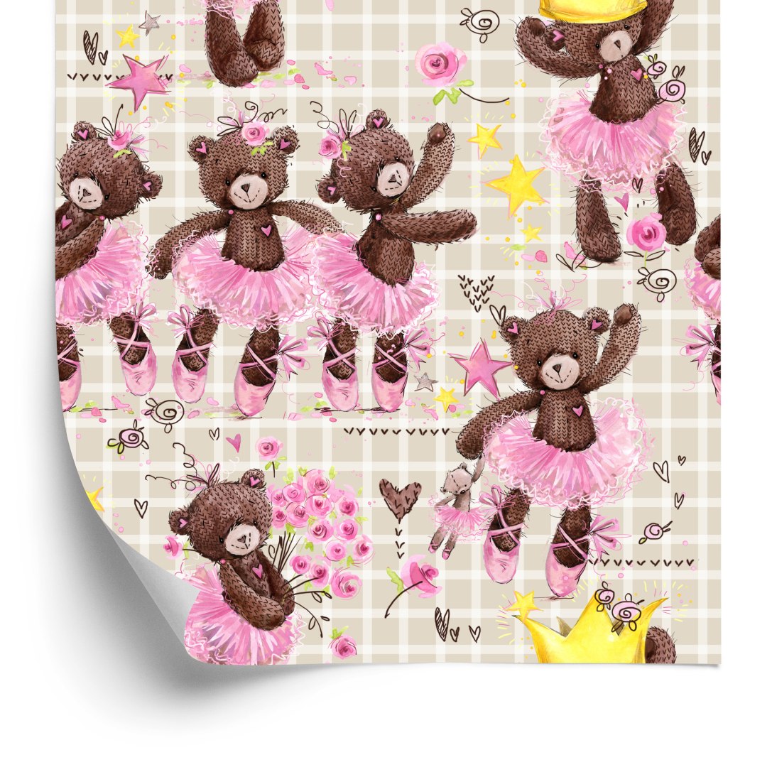 Tapeta Dla Dziewczynki Kratka, Misie, Kwiaty, Róże