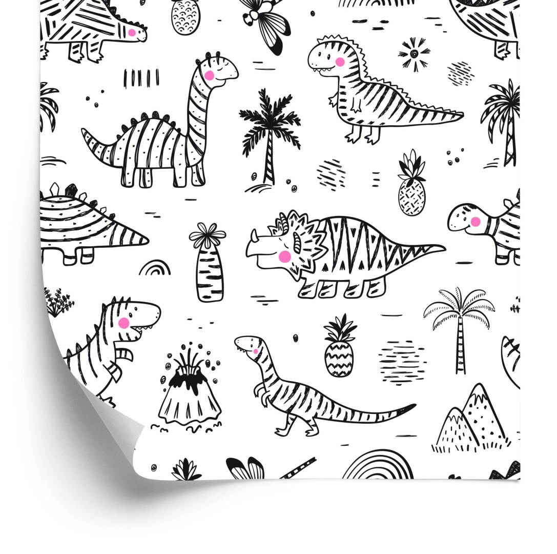 Tapeta Dla Dzieci Dinozaury, Drzewa, Góry, Kwiaty