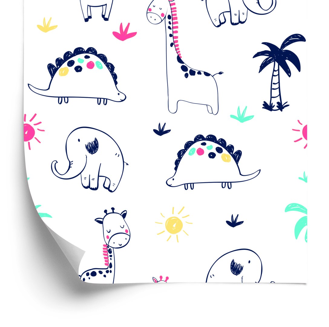 Tapeta Dla Dzieci, Dinozaury Palmy Rośliny Słońce