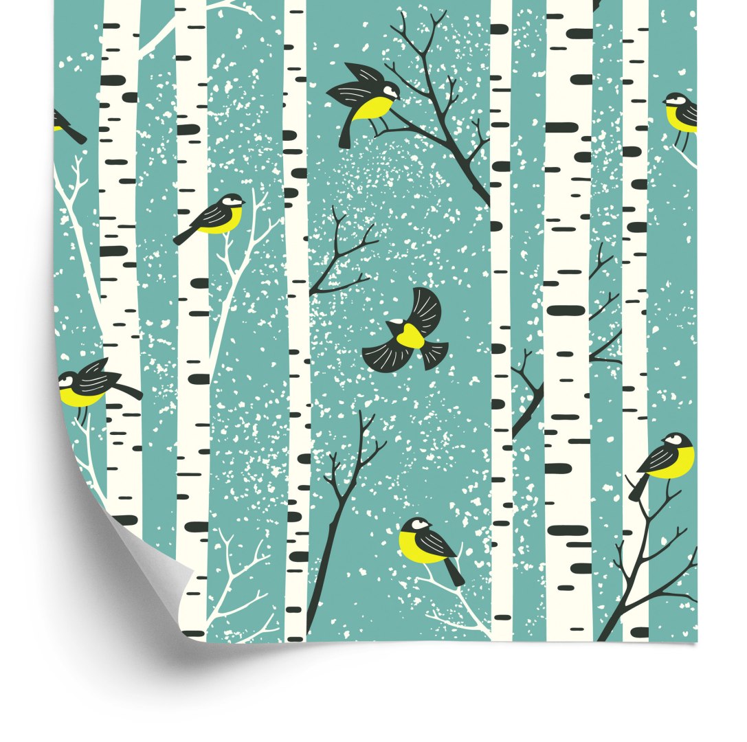 Tapeta Brzozy I Kolorowe Ptaki Zimą