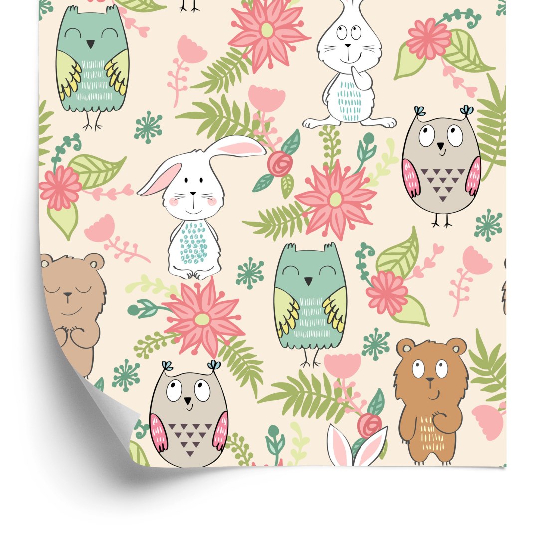 Tapeta Dla Dzieci - Kolorowe Zwierzątka I Kwiaty