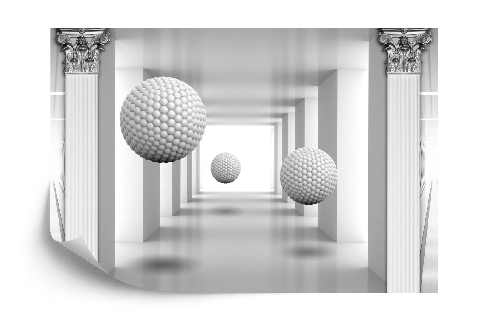 Fototapeta 3D Mural Digital Silver Tunnel With Sphere And Columns . Modern Rendering Gray Interior Wallpaper