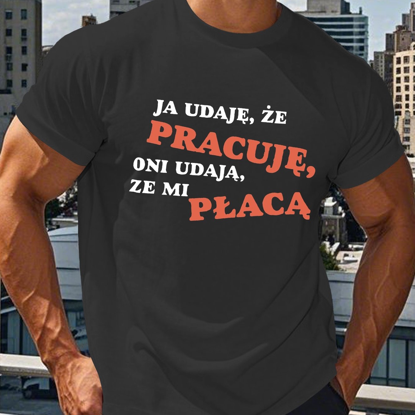 TEMU Męska Koszulka z Zabawnym Motywem Polskim - Letnia Bluza z Krótkim Rękawem, Casual Okrągły Dekolt z Polskimi Zwrotami, Pranie w Praniu