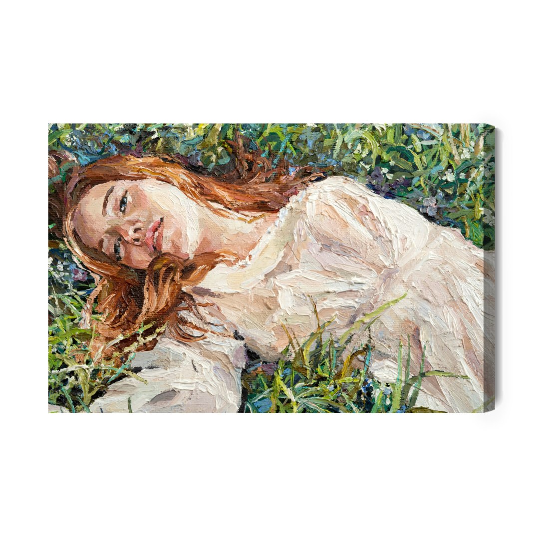 Obraz Na Płótnie .A Red-Haired Beauty, A Young Girl Lies And Dreams On The Field Among Various Summer Grasses And Wildflowers. O