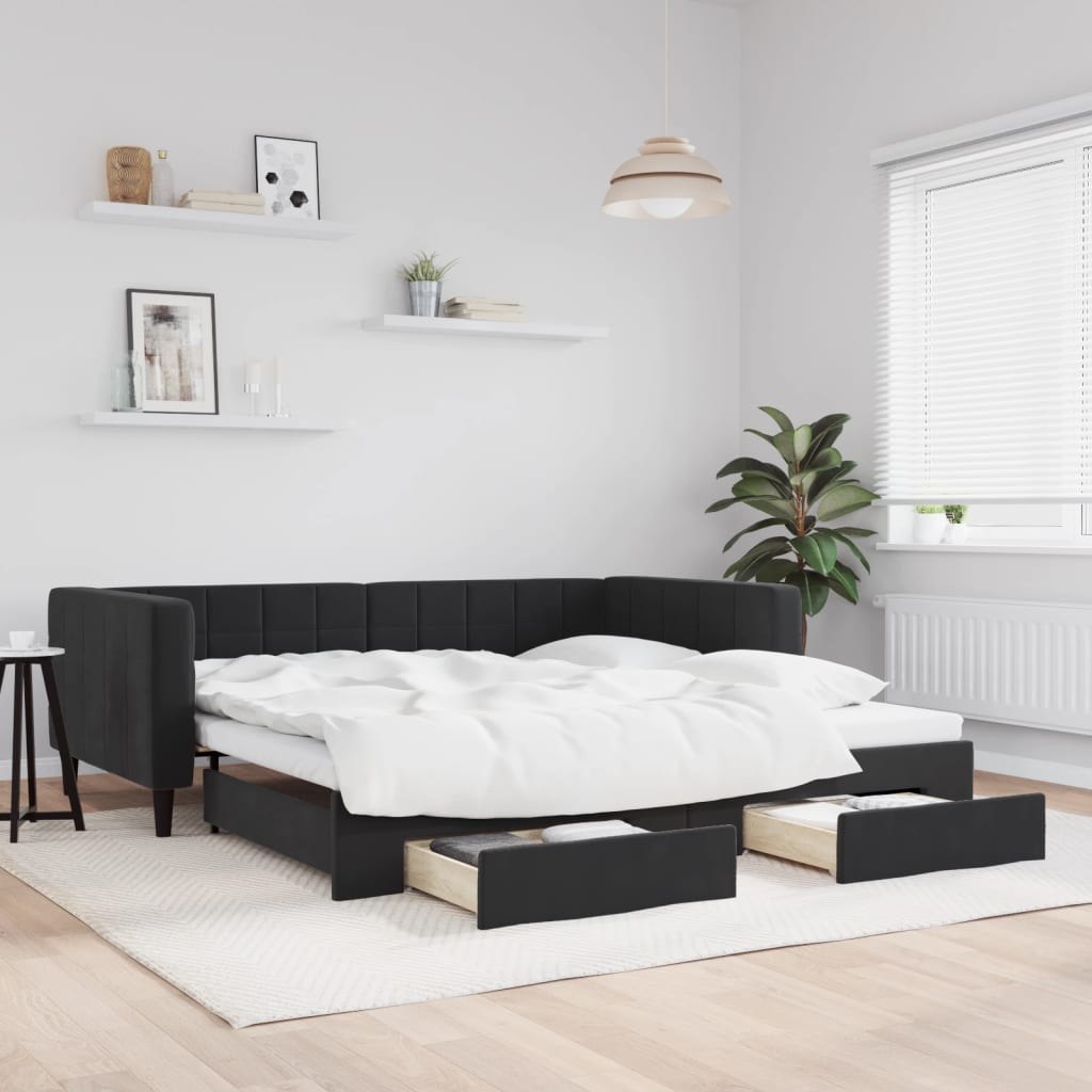 Sofa rozsuwana z szufladami, czarna, 100x200 cm, aksamit