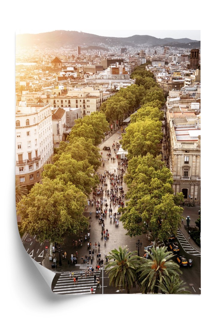 Plakat Widok Na La Rambla W Barcelonie O Zachodzie Słońca