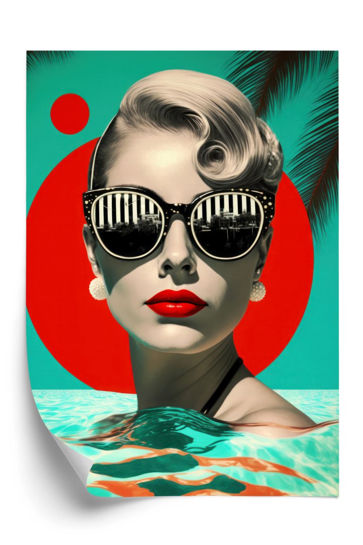 Plakat Kobieta Z Czerwonymi Ustami W Modnych Okularach Przeciwsłonecznych