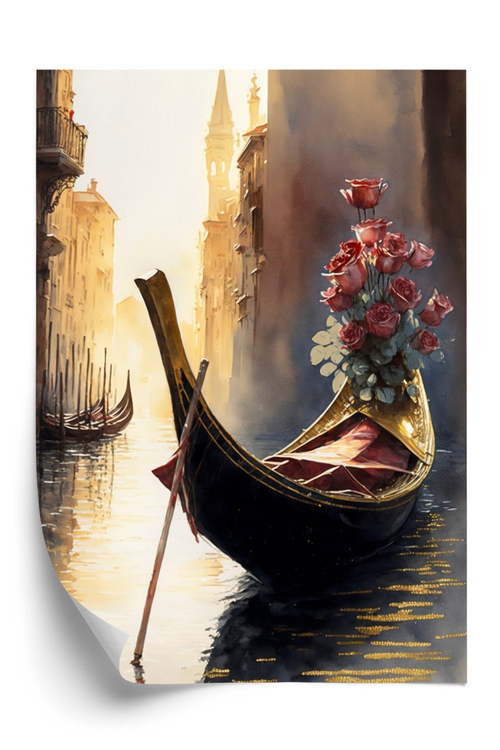 Plakat Gondola Z Bukietem Róż W Wenecji