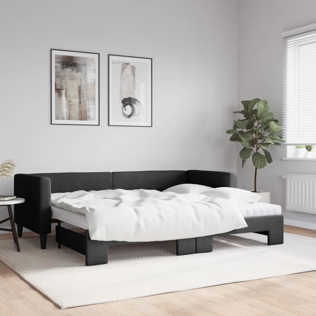 Sofa rozsuwana z materacami, czarna, 80x200 cm, tkanina