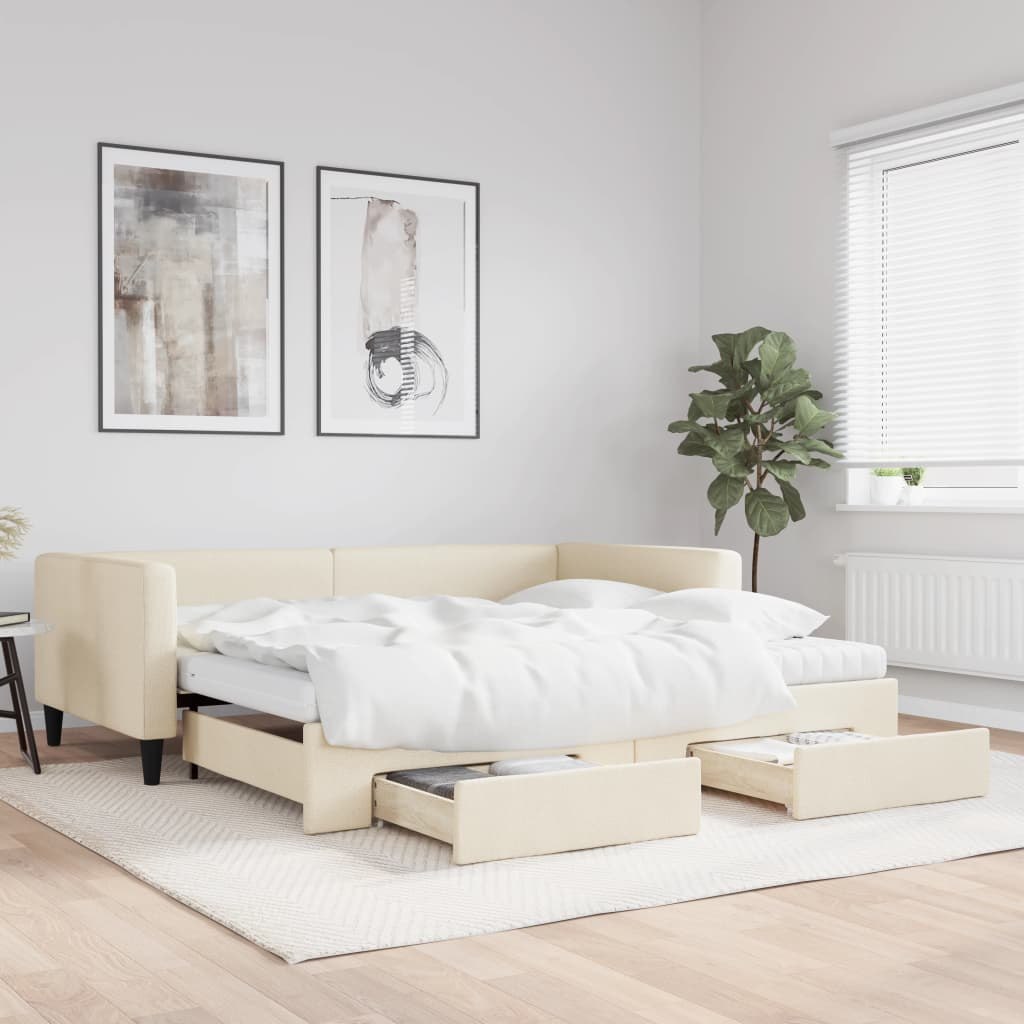 Sofa rozsuwana z szufladami, kremowa, 100x200 cm, tkanina