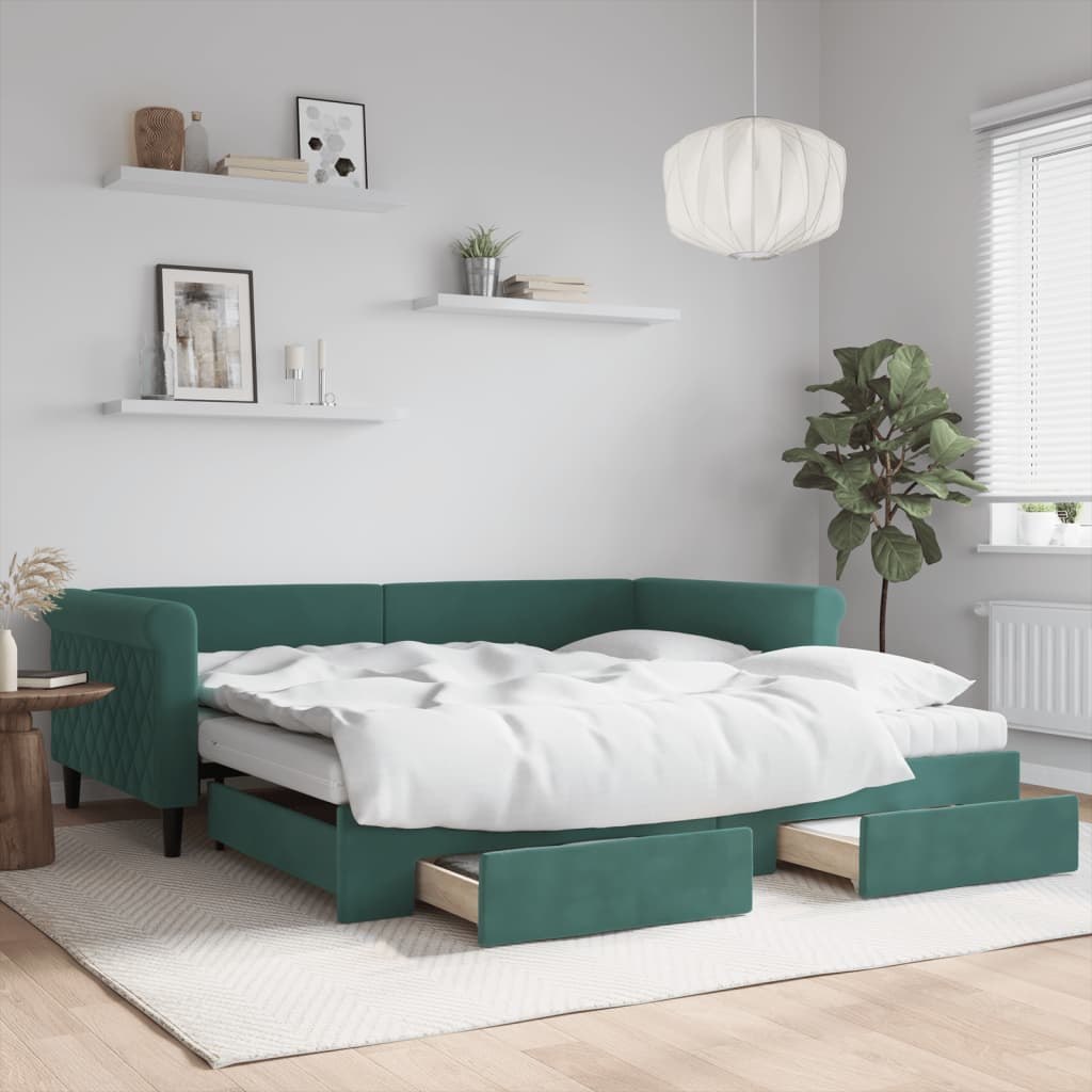 Sofa rozsuwana z szufladami, ciemnozielona, 100x200 cm, aksamit