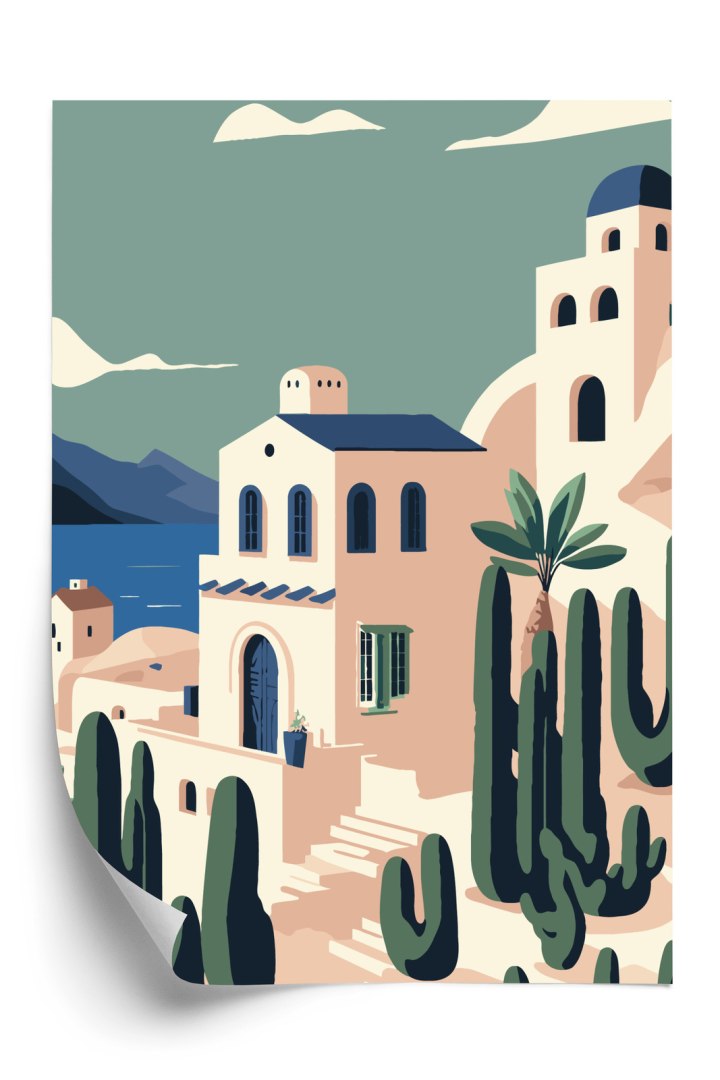 Plakat Architektura I Roślinność Na Wyspie Santorini