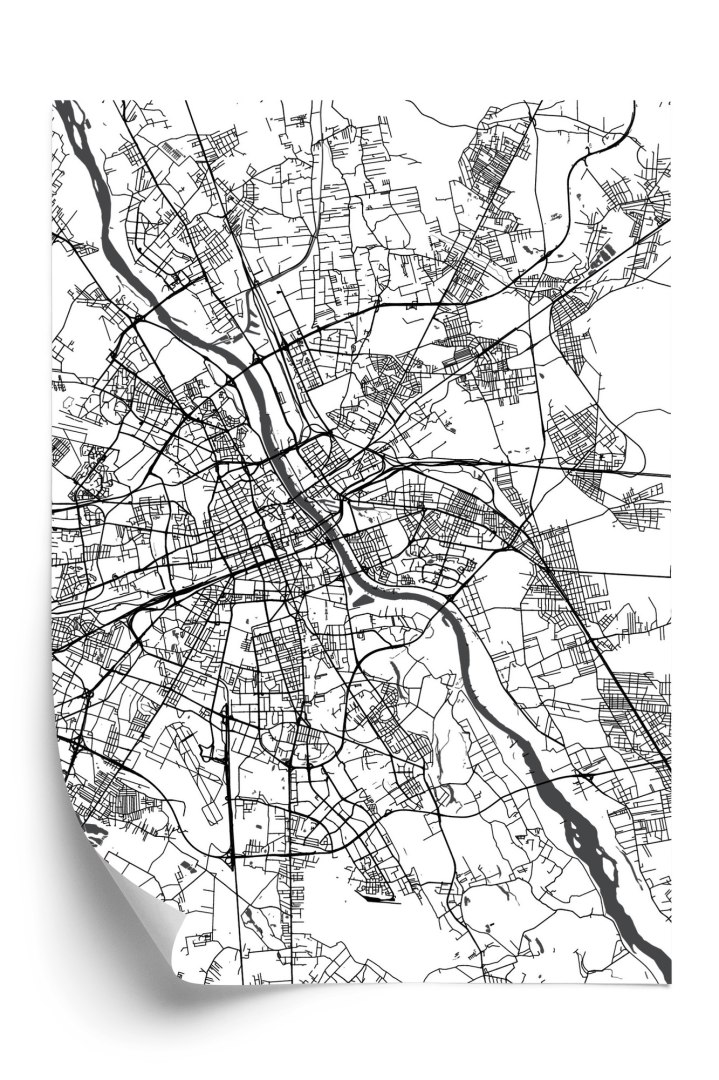 Plakat Warszawa Na Czarno-Białej Mapie