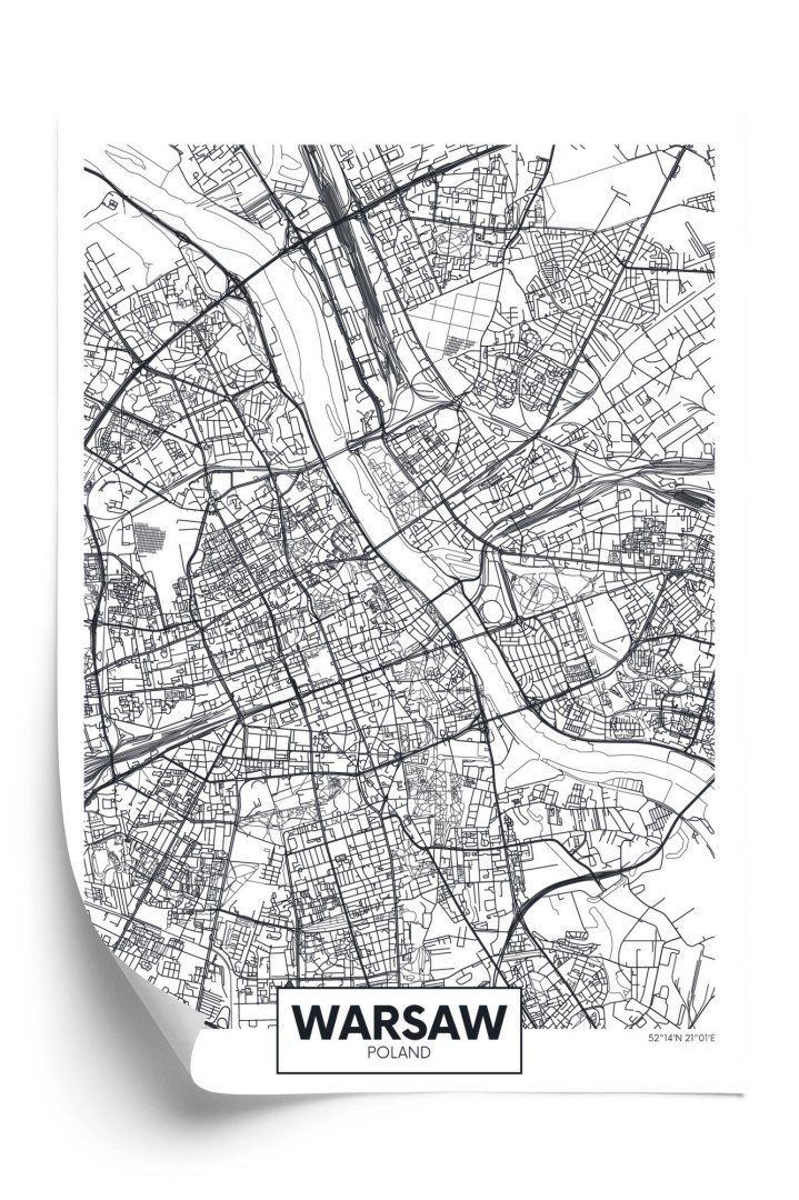 Plakat Warszawa Czarno Biała Szczegółowa Mapa Miasta