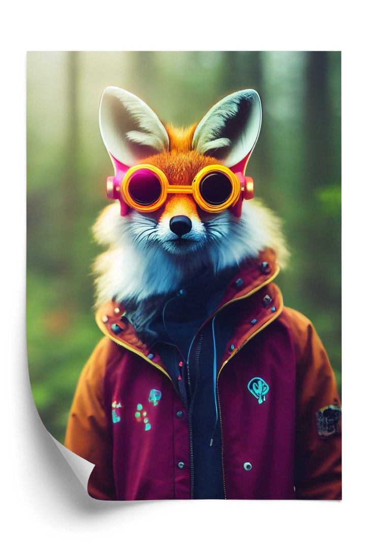 Plakat Portrait Of A Fox Wearing A Cyberpunk Headset, Neon Virtual Glasses, And Cyberpunk Gear. High-Tech Fox. The Concept Of Vi