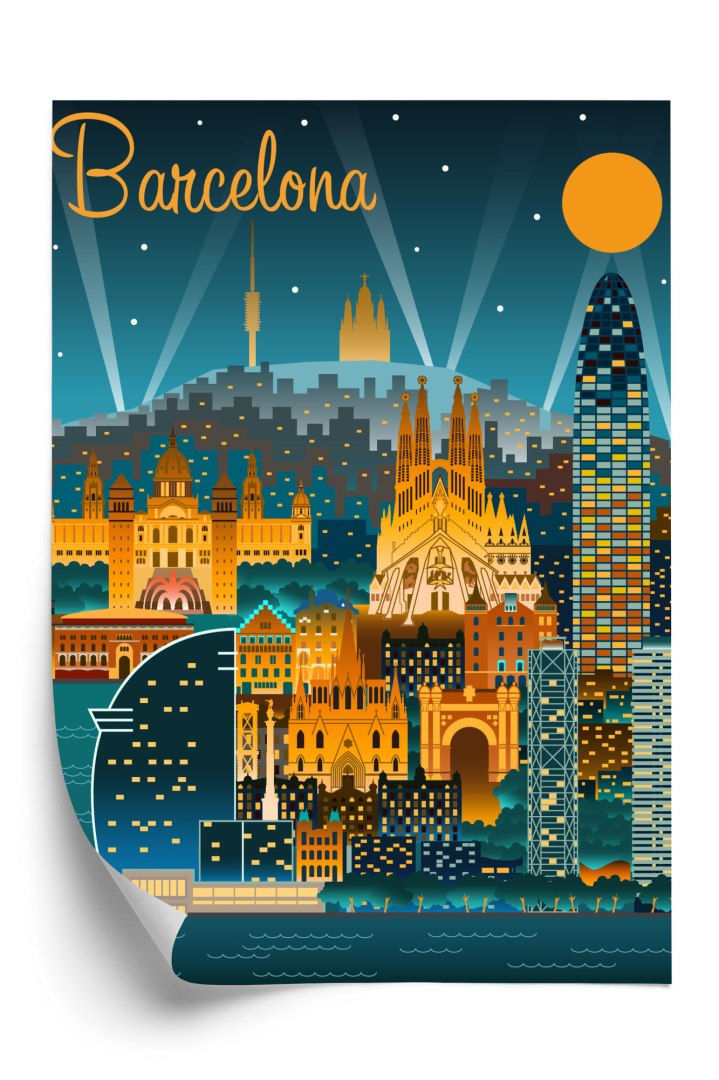 Plakat Barcelona Nocą Z Oświetlonymi Budynkami