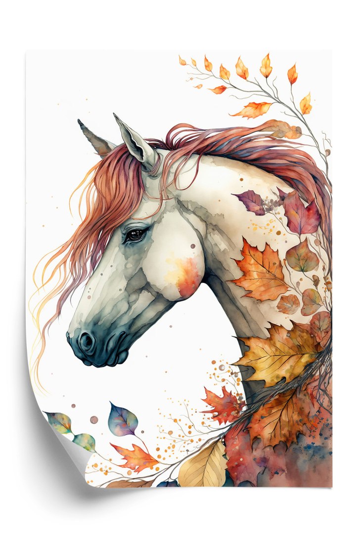 Plakat Akwarela Z Koniem W Jesiennych Liściach