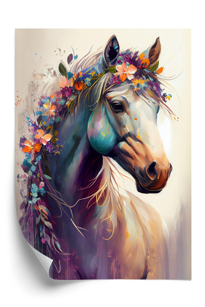 Plakat Piękny Koń Z Kwiatami W Grzywie