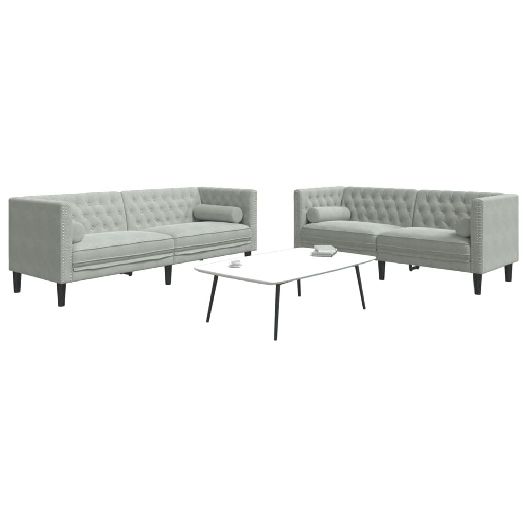 2-cz. wypoczynek Chesterfield z wałkami, jasnoszary, aksamit