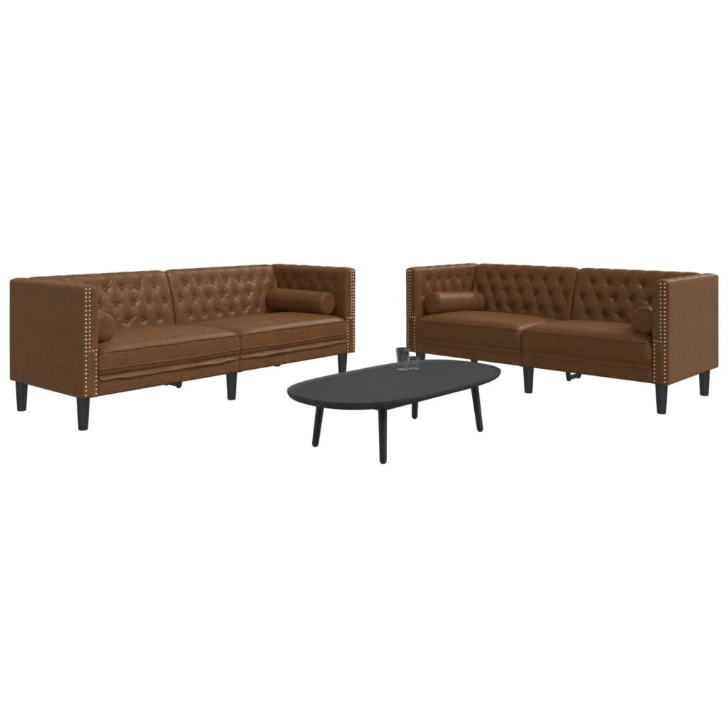 2-cz. wypoczynek Chesterfield z wałkami, brązowy, zamszowy