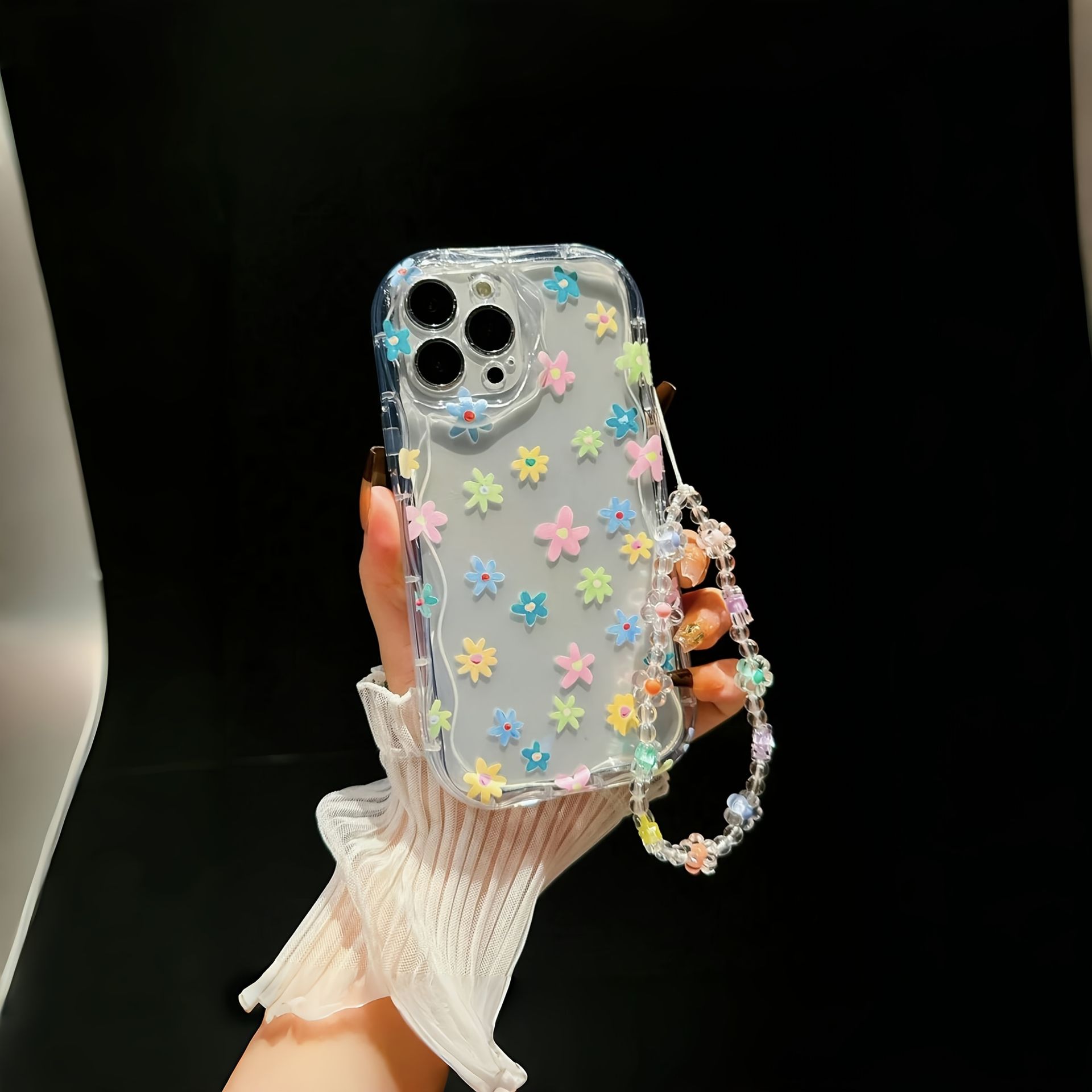 TEMU Etui na telefon: Przezroczyste etui z prostym wzorem kwiatowym i smyczką, kompatybilne z iPhone 16 15 14 13 12 11 Pro Max Plus XS XR X 8 7