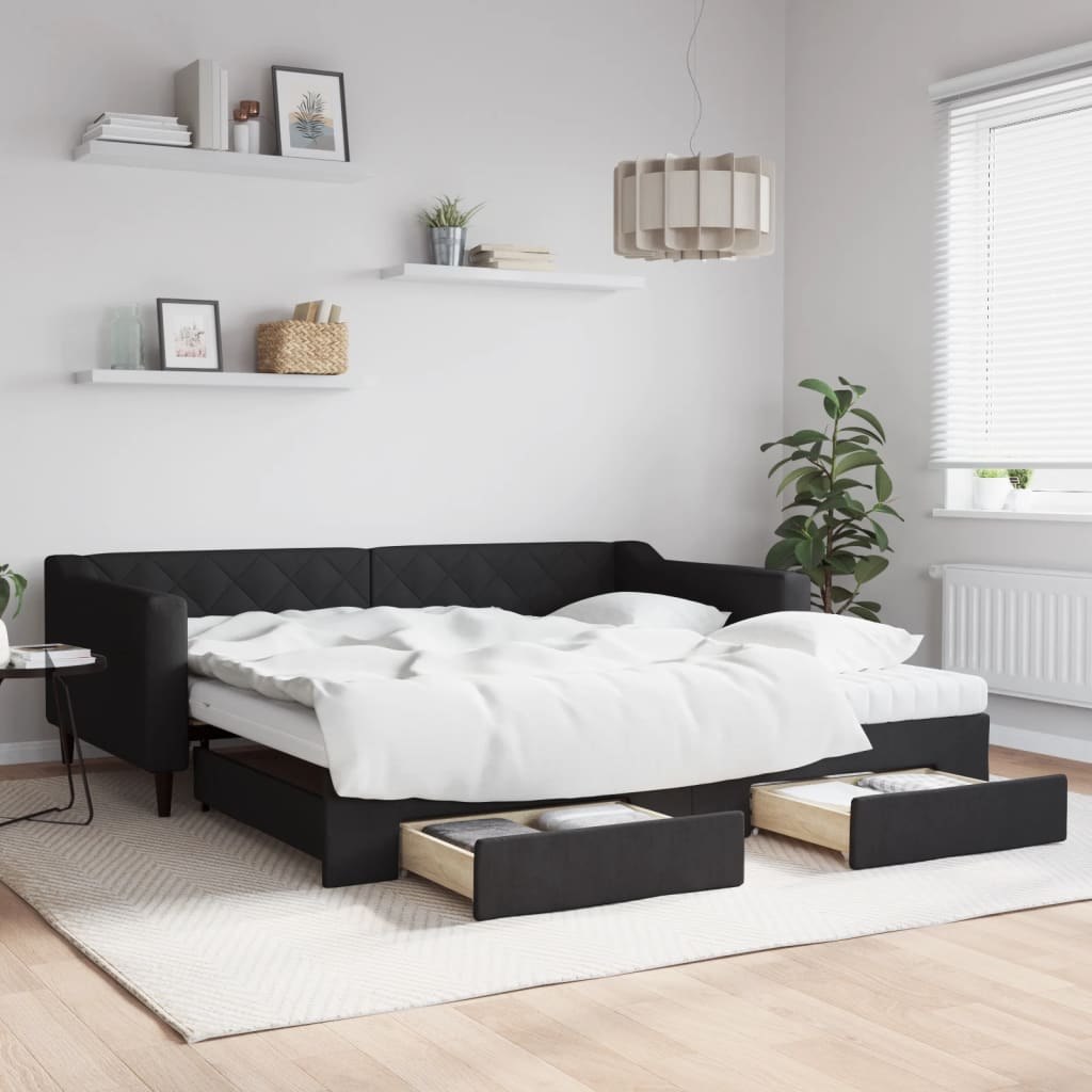 Sofa rozsuwana z szufladami, czarna, 100x200 cm, tkanina