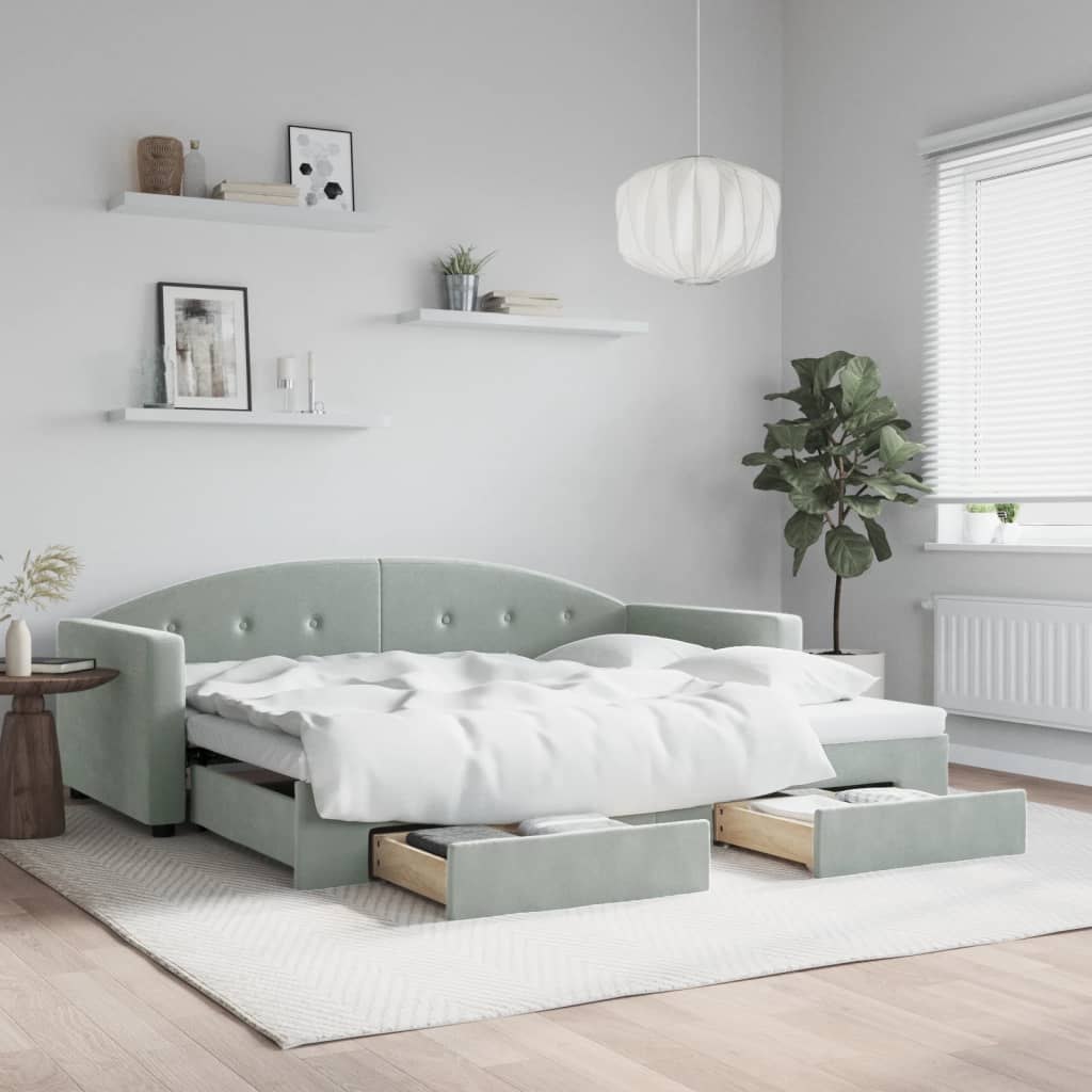 Sofa rozsuwana z szufladami, jasnoszara, 90x190 cm, aksamit