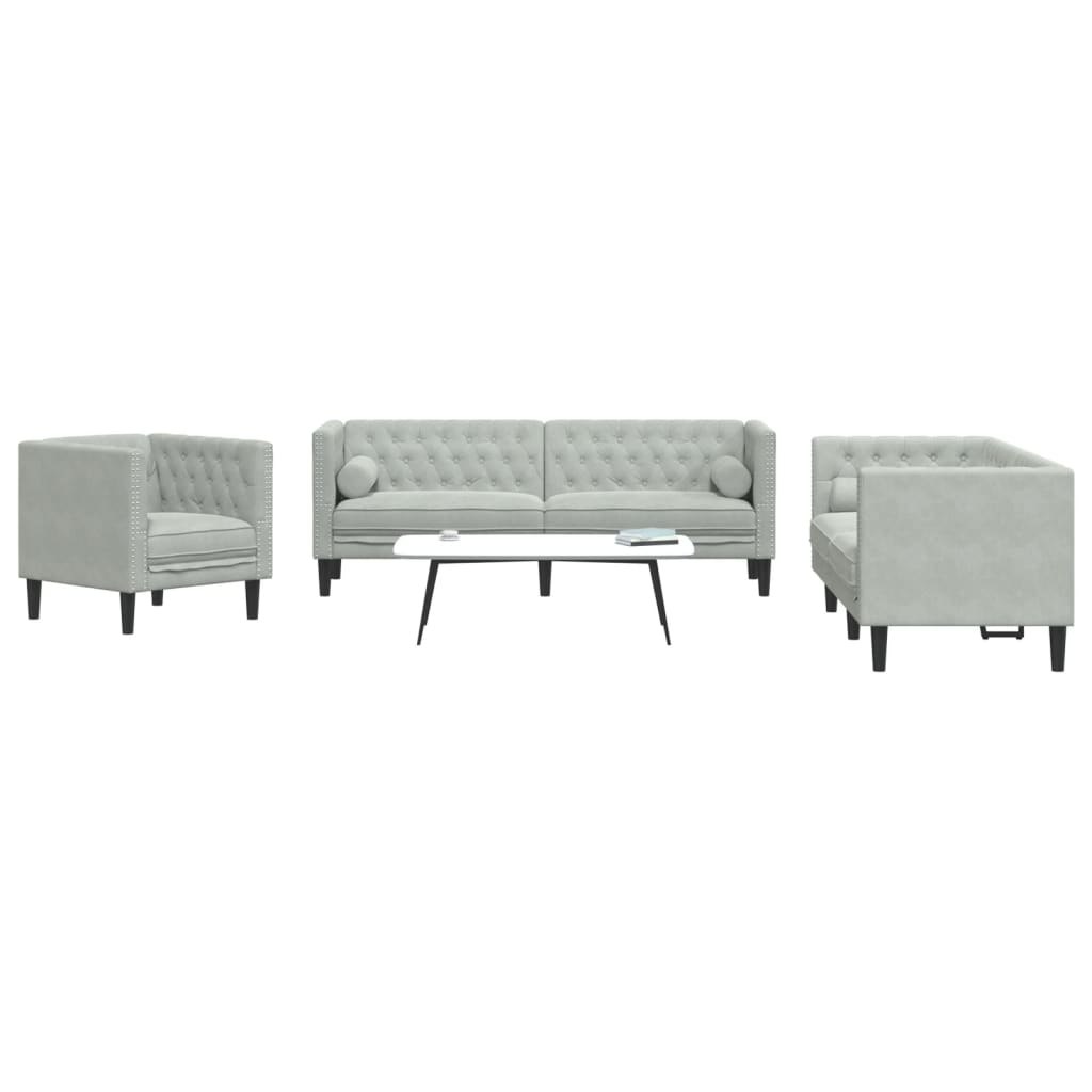 3-cz. wypoczynek Chesterfield z wałkami, jasnoszary, aksamit