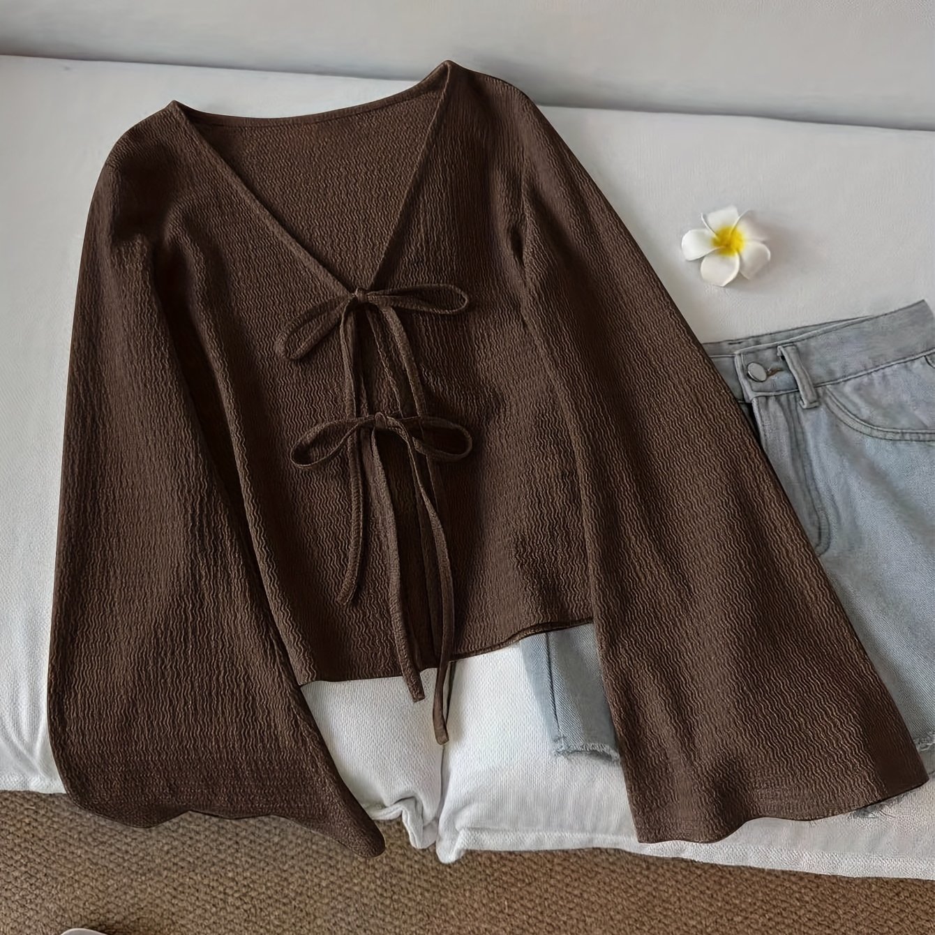 TEMU Elegancki damski kardigan z dekoltem w serek i długim rękawem, falbanką i wiązaniem z przodu - luźny krój, jednolity brąz, całoroczny element