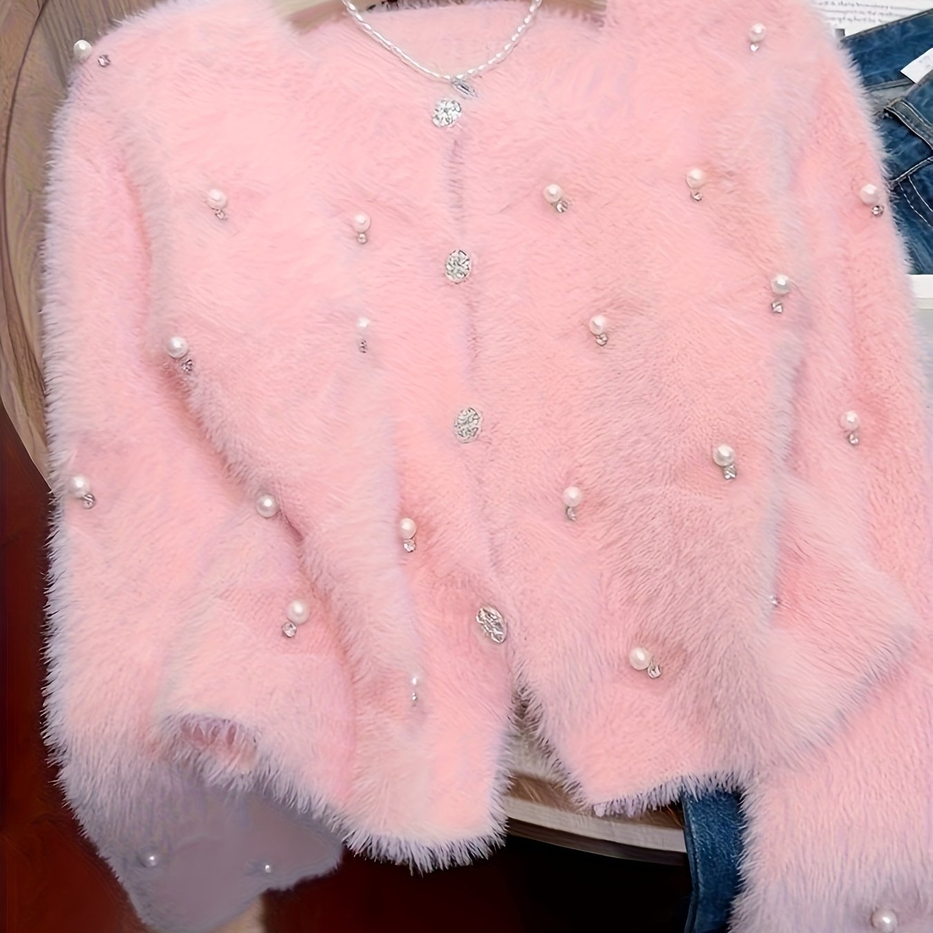 TEMU Elegancki Styl, Mocny Kardigan z Diamentowymi Ozdobami, Sztuczne Norki, Okrągły Dekolt dla Kobiet, Modny i Uniwersalny Sweter na Jesień i Zimę