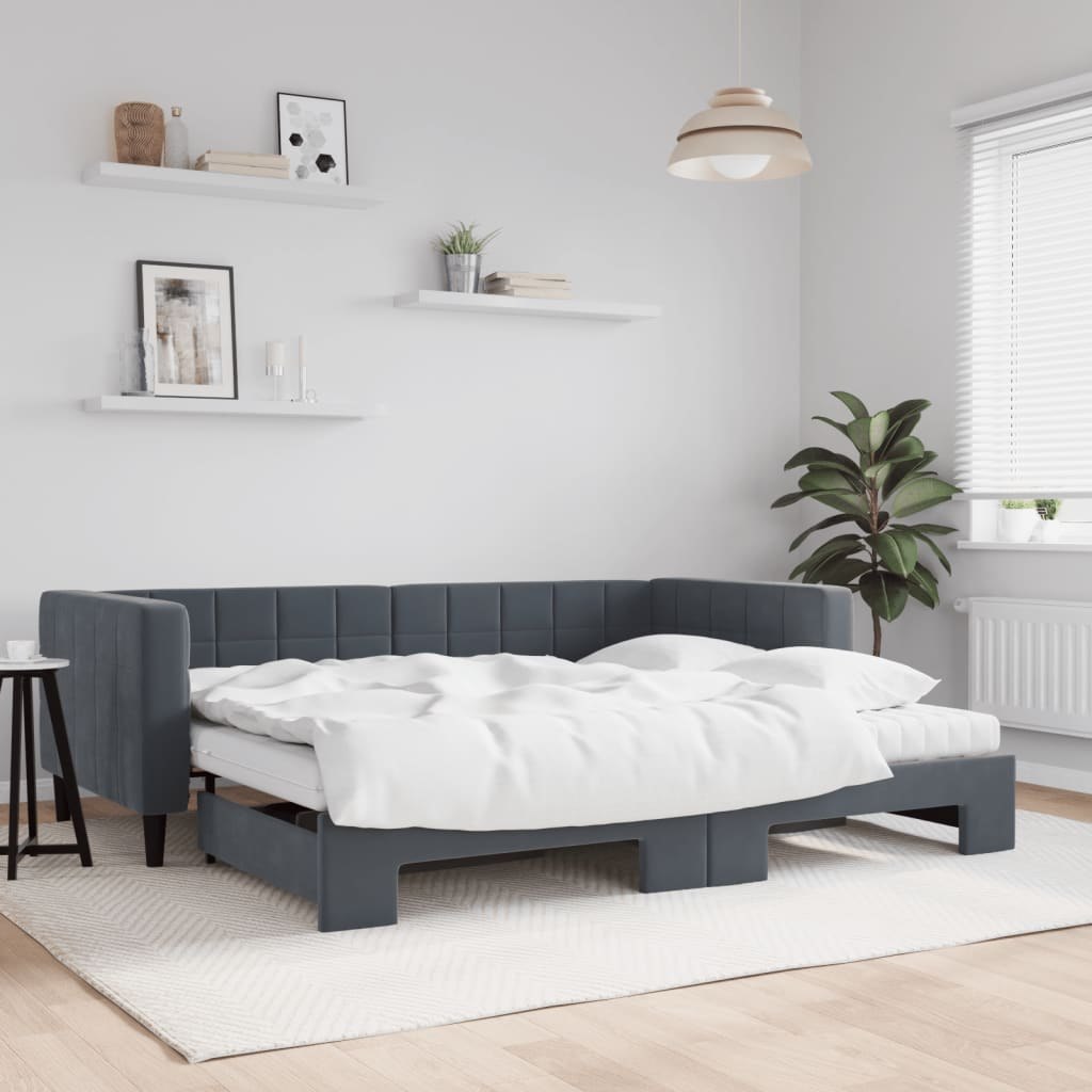 Sofa rozsuwana z materacami, ciemnoszara, 90x200 cm, aksamit