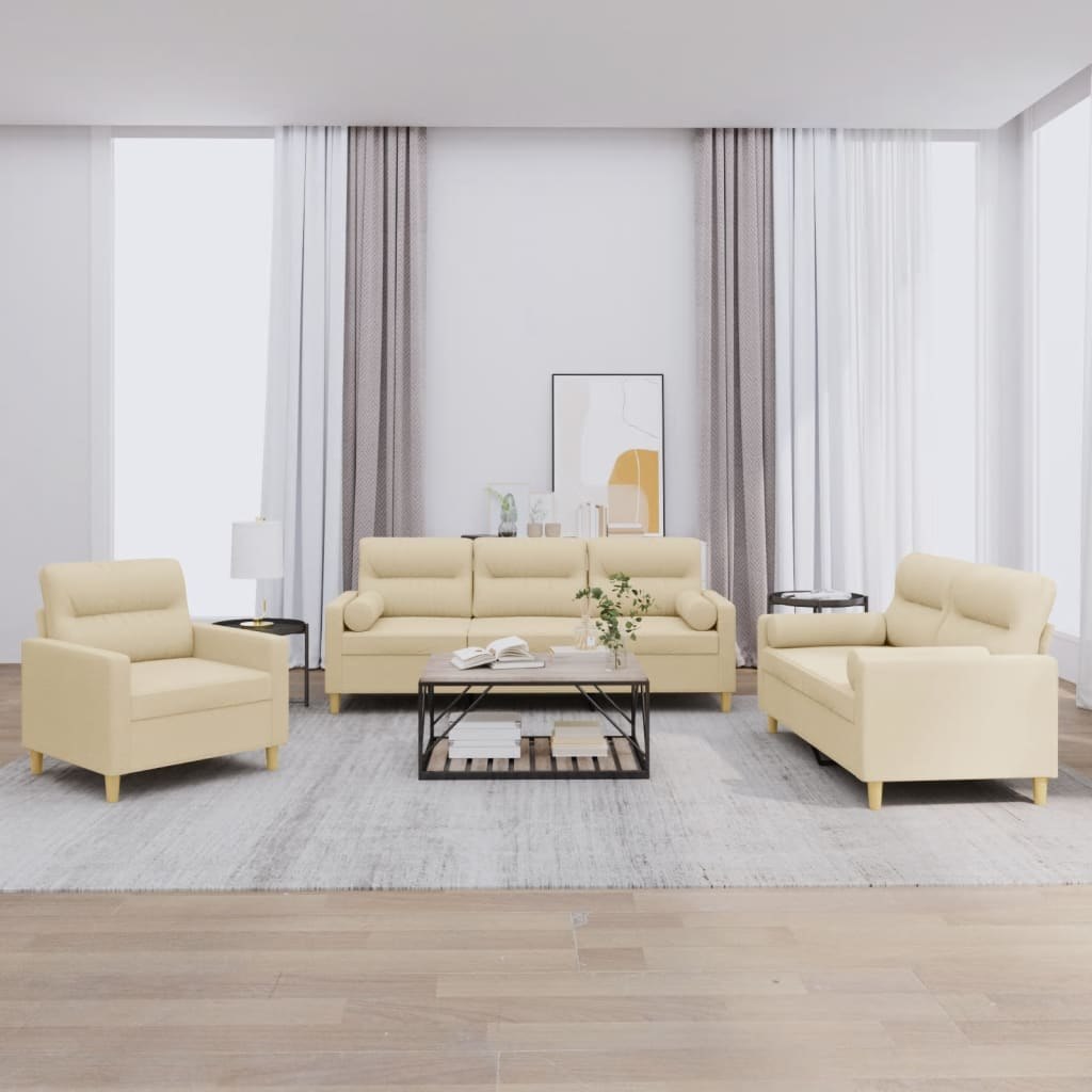 3-cz. komplet wypoczynkowy z poduszkami, kremowy, tkanina