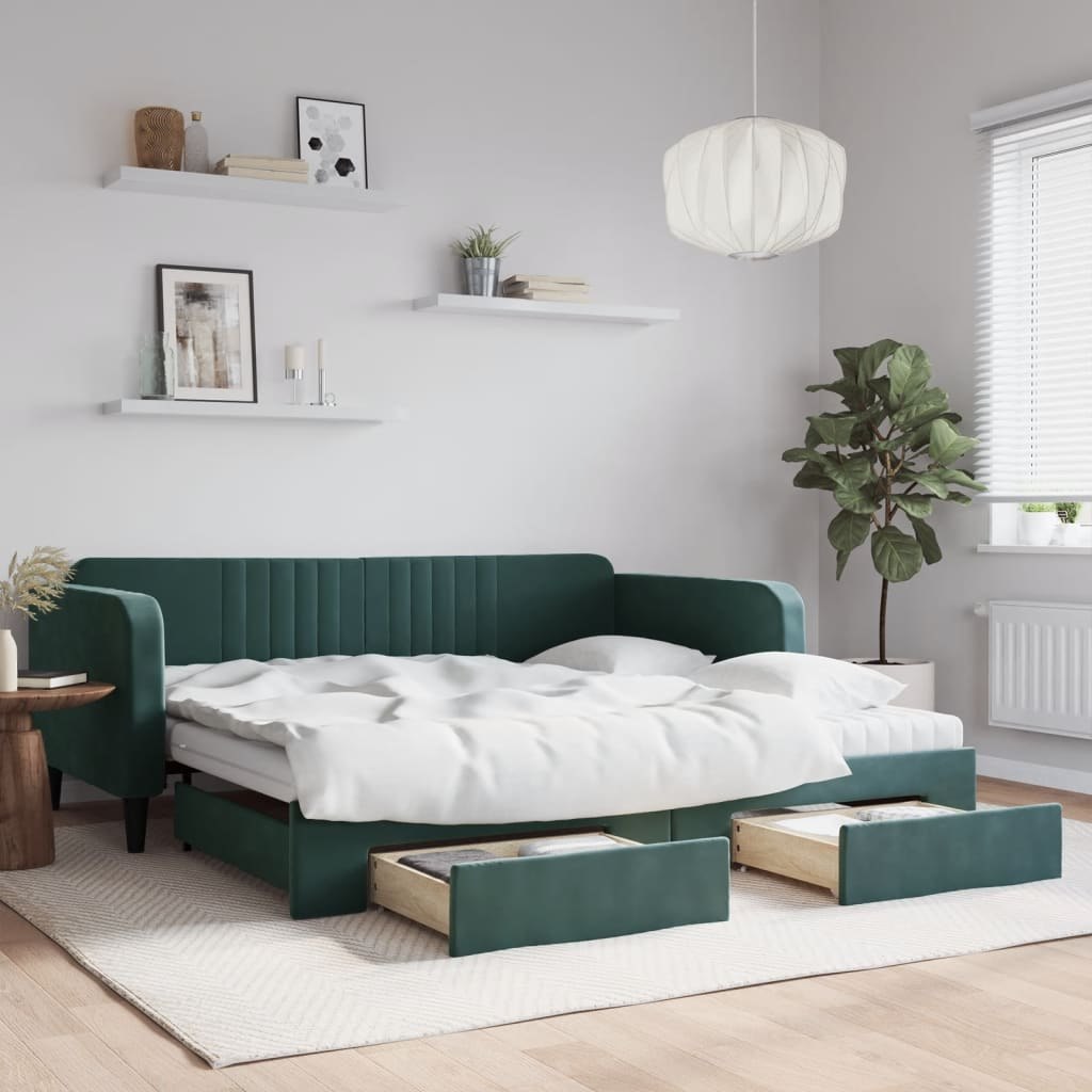 Sofa rozsuwana z szufladami, ciemnozielona, 100x200 cm, aksamit