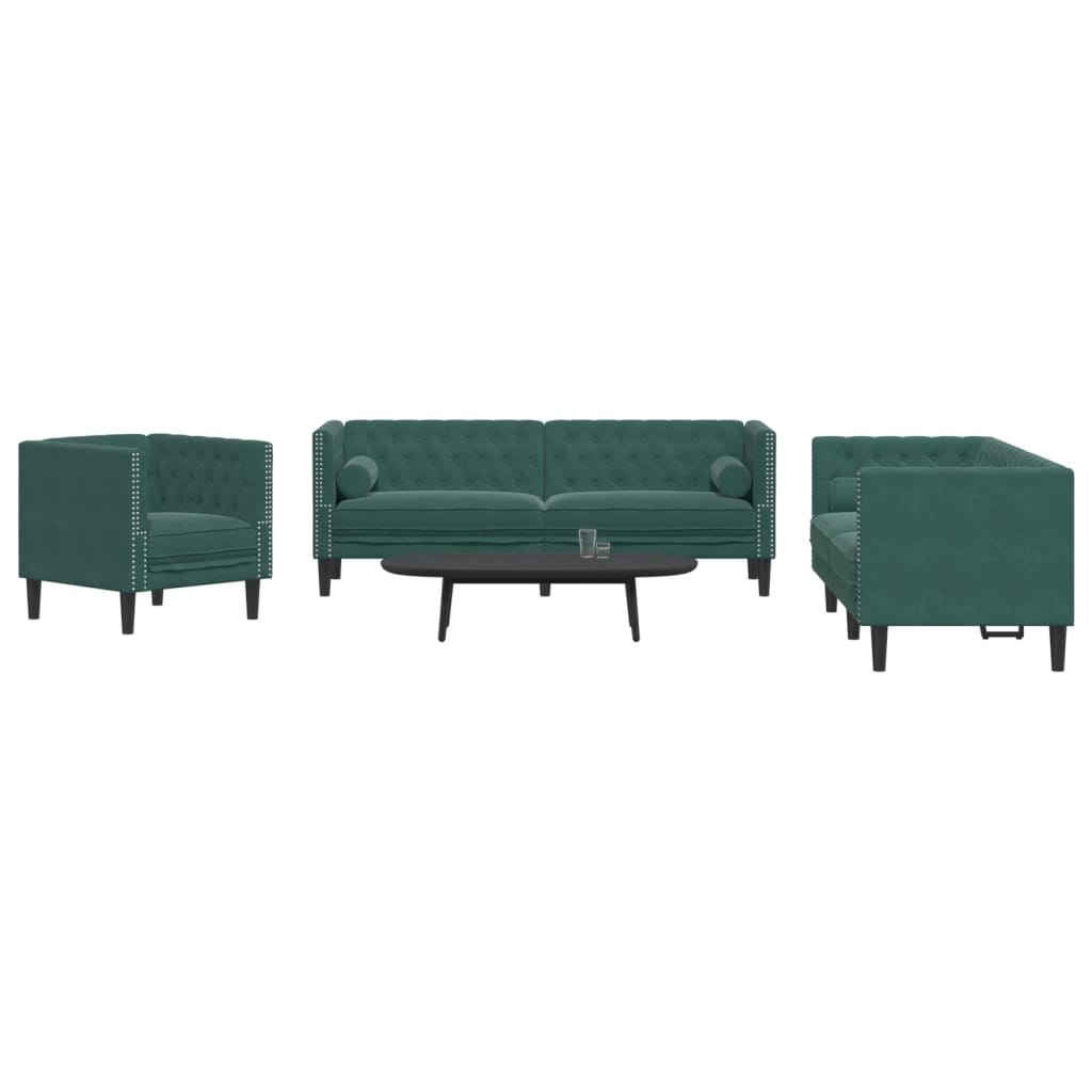 3-cz. wypoczynek Chesterfield z wałkami, ciemnozielony, aksamit