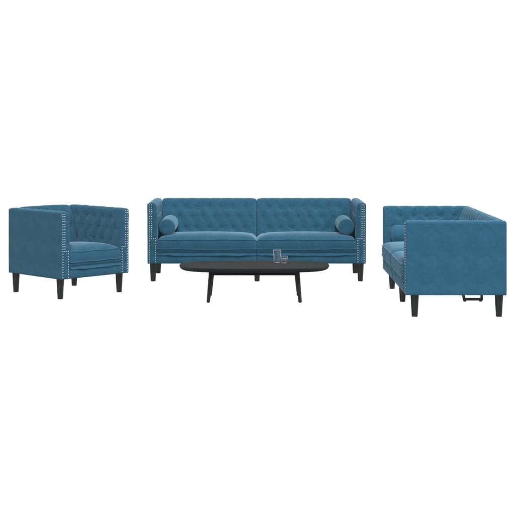 3-cz. wypoczynek Chesterfield z wałkami, niebieski, aksamit