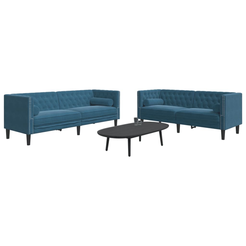 2-cz. wypoczynek Chesterfield z wałkami, niebieski, aksamit