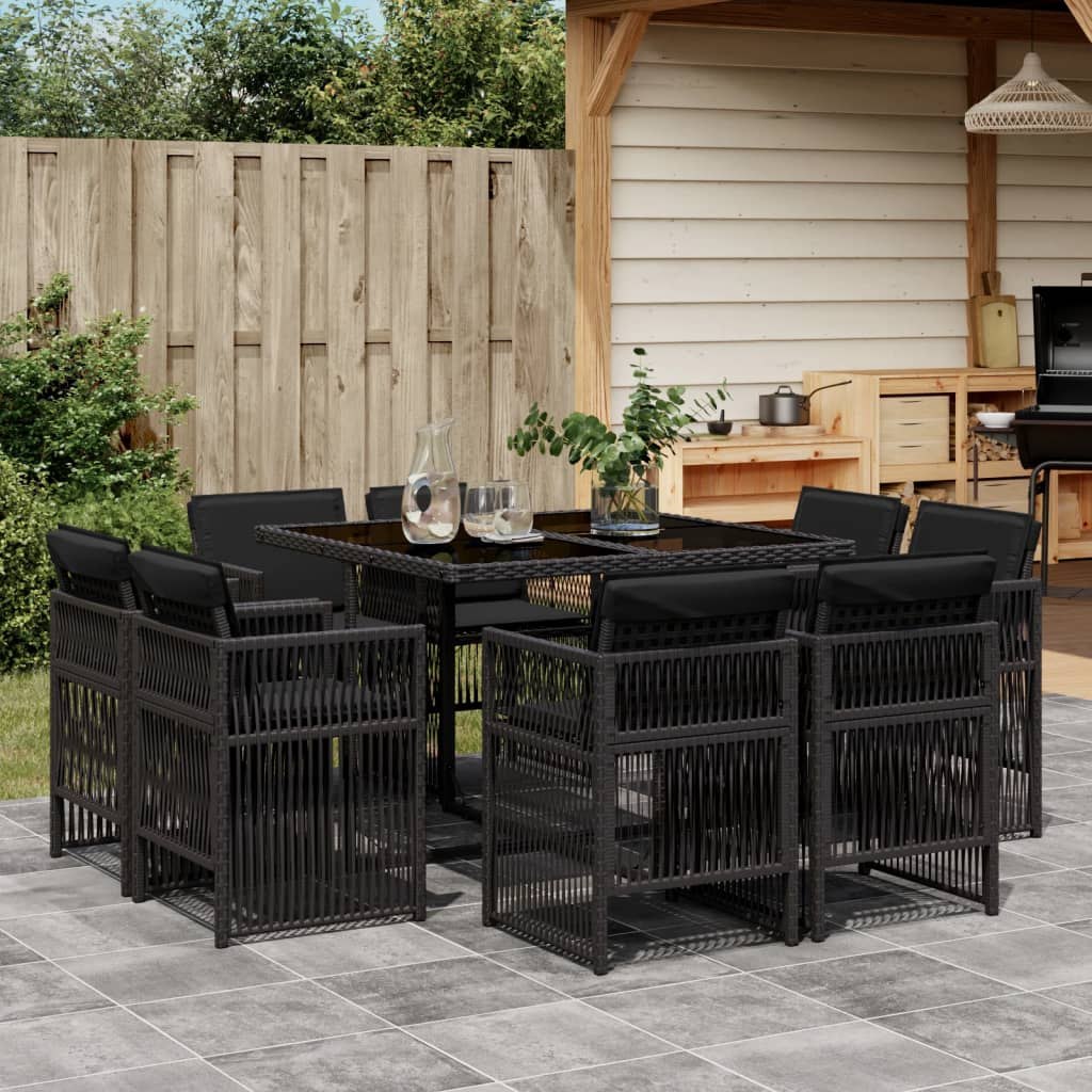 9-cz. zestaw mebli ogrodowych z poduszkami, czarny, rattan PE