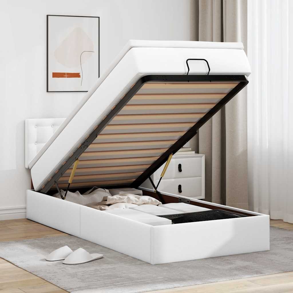 Łóżko otomana z materacem, biała, 80x200 cm, ekoskóra