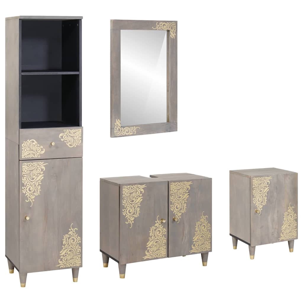 Zestaw Szafek Łazienkowych Z lustrem 4 pcs Szary Drewno z mango