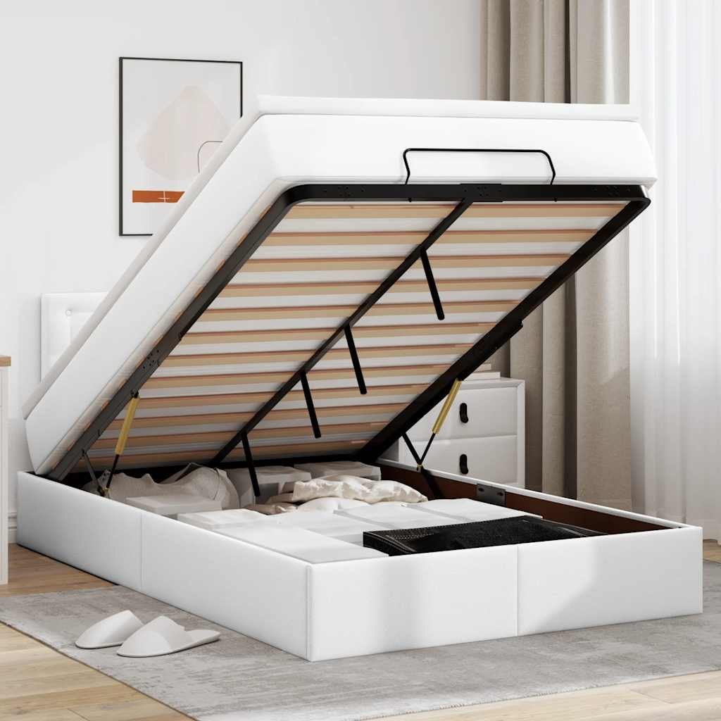 Łóżko otomana z materacami i LED, biała, 120x190cm, ekoskóra