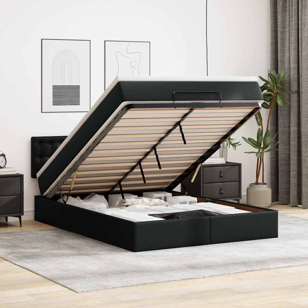 Łóżko otomana z materacami i LED, czarna, 140x200cm, ekoskóra