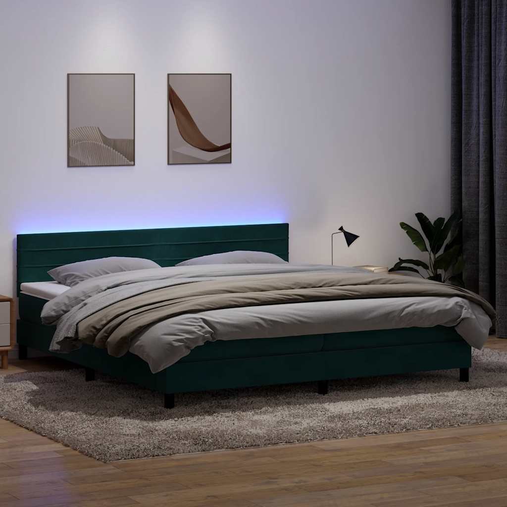 Łóżko kontynentalne z materacem i LED, ciemnozielone, 180x210 cm