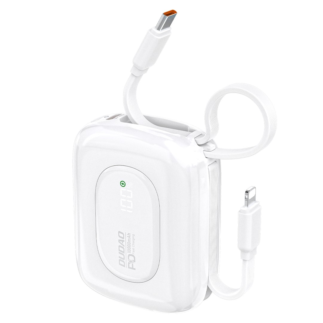 Powerbank K32 10000 mAh z wbudowanym kablem USB-C iPhone Lightning 22.5W - biały