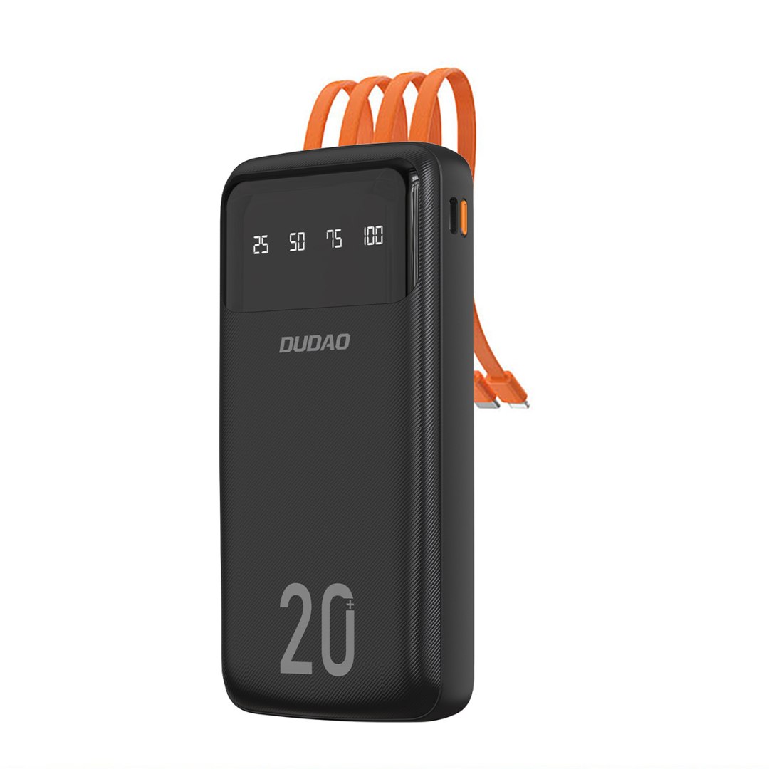 Powerbank K6Pro+ 20000mAh z wbudowanymi kablami USB-C microUSB iPhone Lightning - czarny