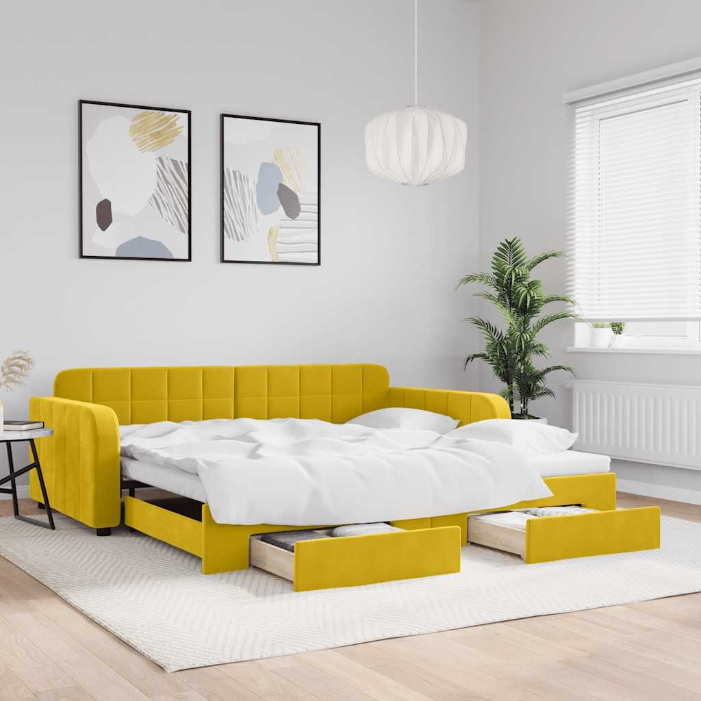Sofa rozsuwana z szufladami, żółta, 100x200 cm, aksamit