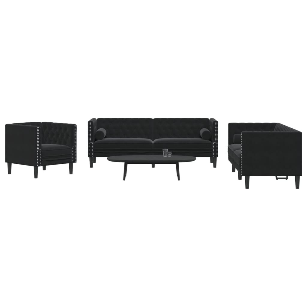 3-cz. wypoczynek Chesterfield z wałkami, czarny, aksamit