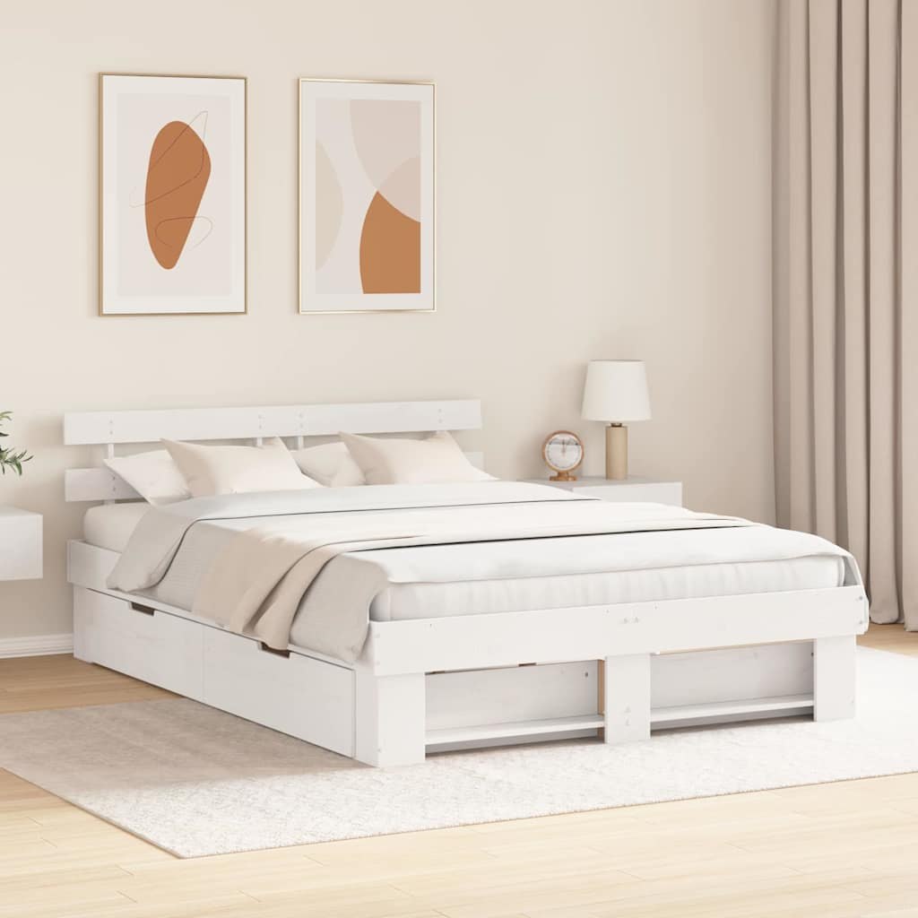 Ramka łóżka Z zagłówkiem Biały 150 x 200 cm Lite drewno sosnowe
